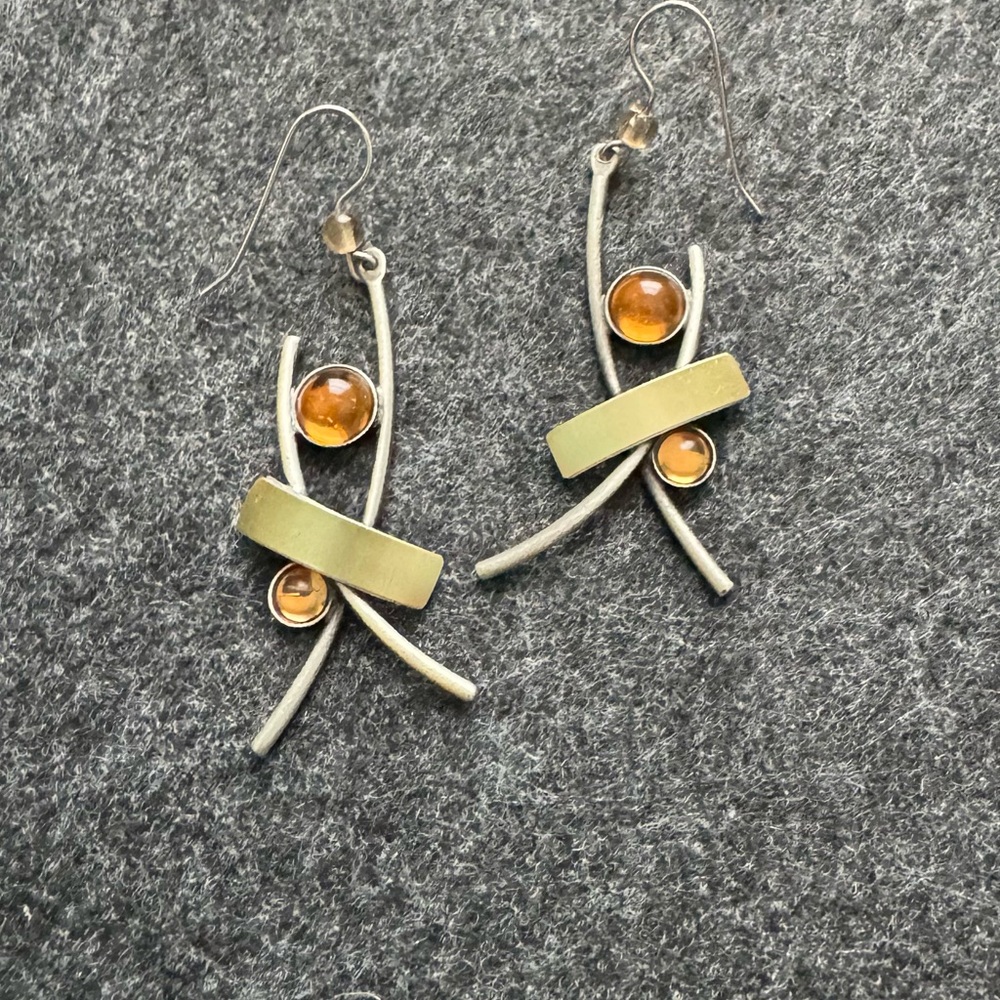 Elegant Silver and Gold Earrings with Amber Accents